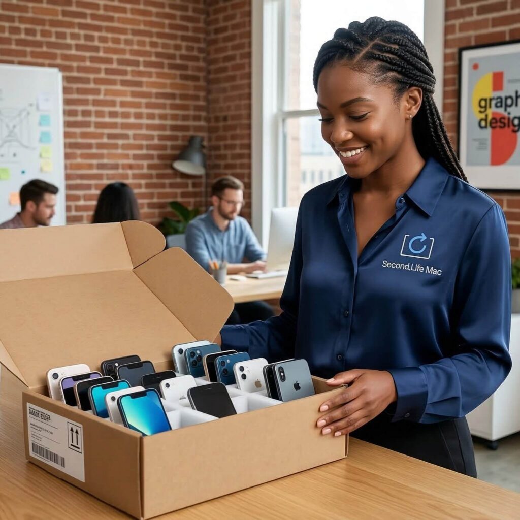 Woman looking at a box of iPhones